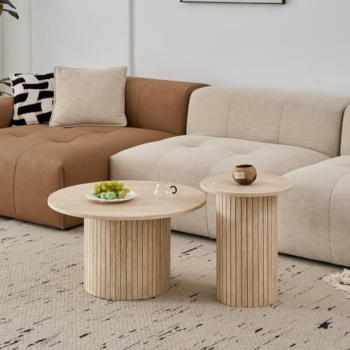 DEYARNA HOME 2er-Set runder Couchtische, Modernes Geriffeltes Trommel-Couchtisch-Set für Wohnzimmer, Schlafzimmer, Balkon und Büro (Travertin-Maserung, Hellgelb)