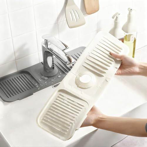 ZHITENG 2 Pezzi Tappetino Lavello Cucina, Tappetino per Rubinetto | Paraspruzzi Lavello Cucina, Tappeto Lavandino Antiscivolo per Spazzole Piatti Tazze Stoviglie (Beige e Grigio)