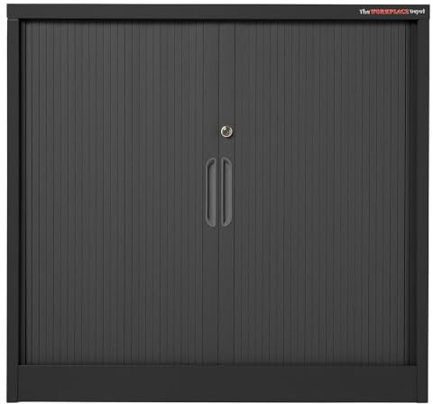 The Workplace Depot Tambour Cabinet – Lockable Steel Office Cupboard with Sliding Doors, 865(H) x 900(W) x 400(D) mm, Grey or Black, Space-Saving Storage for Small Offices and Home Workspaces (Black)