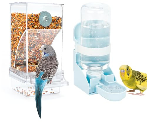 RANYPET No-Mess Bird Feeder Water Dispenser Set, 500 mL Blue Budgie Feeder | 500 mL Budgie Water Dispenser, Transparent Seed Container, Pull-Out Tray Helps Reduce Mess, Screw Mount, Parakeets