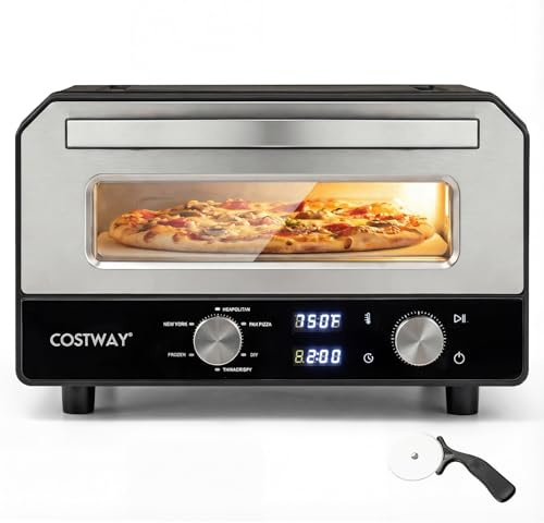 COSTWAY Elektrischer Pizzaofen, Pizza Oven erhitzt bis zu 400℃, Pizzamaker mit 6 Voreinstellungen & 2-Minuten Backfunktion & Pizzastein & Schneiderad, Indoor, Steinofenplatte
