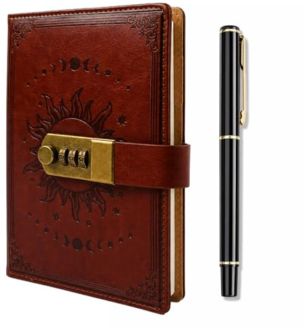 Nivofu Diario con Lucchetto, B6 Diario Segreto Bambino con Penna per Donna/Uomo, Quaderno Vintage Sole in Pelle per Ufficio, Scuola, Cancelleria e Regalo di Compleanno, 200 Pagine, Marrone