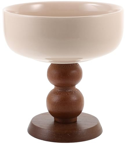 BESPORTBLE Coupe à Dessert en Céramique Base en Bois, Bol à Dessert sur Pied Marron, Tasse à Glace et Yaourt, Récipient Alimentaire Polyvalent pour Maison, Café et Restaurant, Bol à Pudding