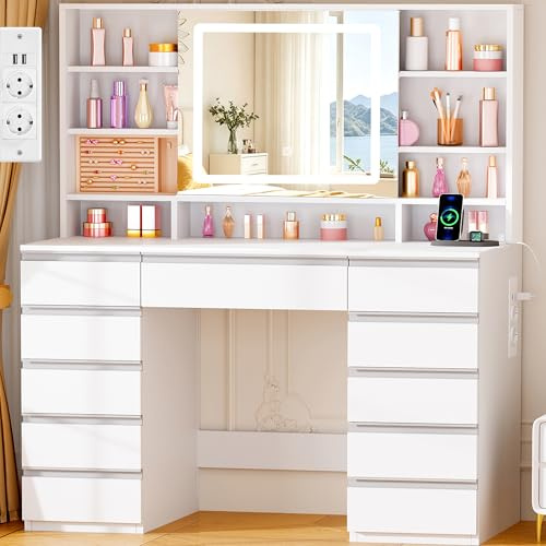 ANWBROAD Coiffeuse avec Miroir LED et 11 Tiroirs, Luminosité Réglable