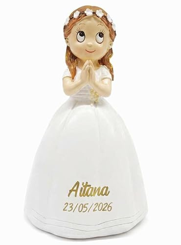 Figura Niña para Pastel de Comunión, Modelo REZANDO, Vestido Blanco, Pelo Castaño con Diadema de Florecillas, Personalizable