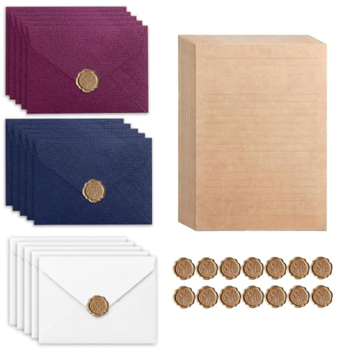 60 Pièces Papier à Lettre avec Enveloppes Set, Vintage Papeterie Cadeau | 20 Papier 15 Enveloppes 15 Autocollants de Sceau en Cire pour Love Letter, Invitations de Mariage, Anniversaires, Invitation
