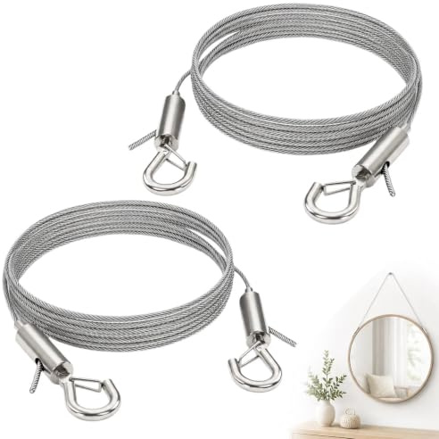 2 Pack Adjustable Picture Hanging Wires, 2m x 1.5mm 304 Stainless Steel Heavy Duty Wire Ropes with Hooks, Hold Up to 30kg/66lbs for Mirrors, Frames, Lamps & Artwork