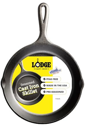 Lodge Seasoned Cast Iron Skillet 9 Inches - PFAS-Free, Non-Toxic Cookware - Use with an Oven, Stove, Grill, or Campfire - Naturally Non-Stick & Oven Safe