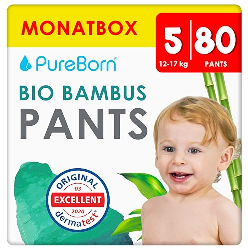 PureBorn Pants Baby Blöjbyxor Storlek 5 (12-17 kg), 80 Blöjor, Överlägset skydd dag och natt, Dermatologiskt testade, Ultramjuk, Hudvänlig