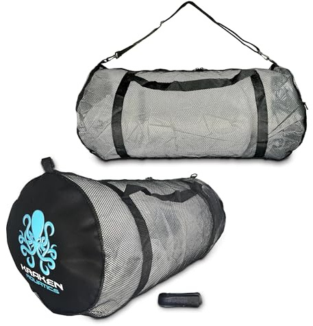 Kraken Aquatics Mesh Duffle Bag with Shoulder Strap | Large Dive Bag for Scuba Diving Gear, Snorkeling, Freediving, Spearfishing, Swimming & Beach | Heavy-Duty Mesh Duffel Bag for Quick Drying | XL