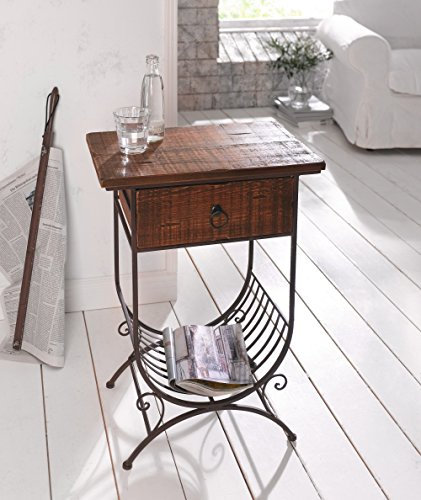 Dekoleidenschaft Beistelltisch Country-Style aus Holz & Metall, braun, im Antik Design, Telefontisch mit Schublade & Zeitungs-Ablage, Konsolentisch in rustikalem Shabby-Look
