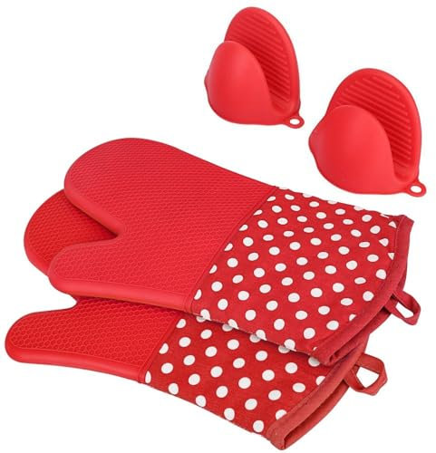 AICMEI Extra Long Oven Mitts and Pot Holders Sets: Heat Resistant Silicone Oven Mittens with Mini Oven Gloves for Kitchen Baking Cooking, Quilted Liner, Non-Slip Surface(Pack of 4)