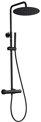 JOHO Colonne de douche Inox avec Robinetterie Thermostatique, Système Pluie pour Cabine Baignoire avec Barre Réglable Hauteur et Tête de Douche 30 cm Noir