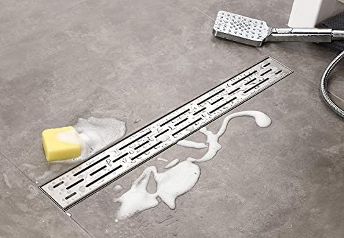 Elbe Duschrinne 80cm Extra Flach 304 Edelstahl Bodenablauf mit 3-reihig-Schlitzm Muster Glasabdeckung Komplettset Haarsieb Bodenablauf, Siphon mit Geruchsstop