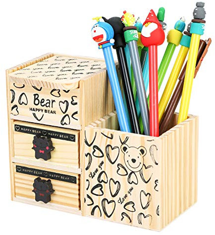 Wood Pen Holder for Desk Pen Pot Desktop Stationery Storage Box Container Caddy with Drawers Mini Blackboard Multifunction Remote Control Holder Stand Cosmetics Make Up Organiser