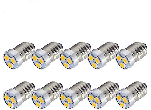 Ruiandsion 10pcs 3V E10 LED Flashlights Bulbs 2835 3SMD Warm White LED Replacement Bulbs Upgrade for Headlamps Torch Lights,Negative Earth