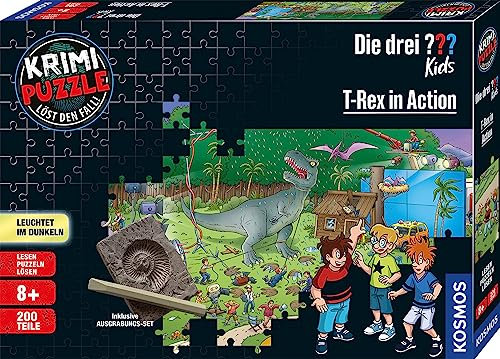 Die drei ??? Kids - Krimi Puzzle - T-Rex in Action von KOSMOS 680657, 200 Teile, Leuchtet im Dunkeln, Lesen, Puzzeln, Rätsel lösen, Detektiv Puzzle für Kinder ab 8 Jahre, Silver