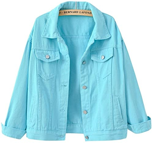 ebossy Women's Candy Color Denim Jacket Relaxed Fit Casual Jean Trucker Jacket (Medium, Sky blue)