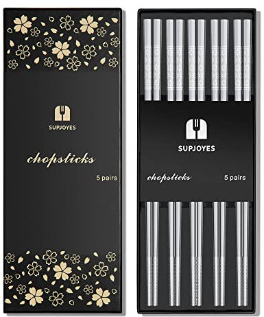 SUPJOYES 5 Paar Edelstahl Essstäbchen, Wiederverwendbare Metall Stäbchen, Spülmaschinenfest, Japanisches Geschenkset, Matt