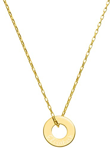 Namenskette Gravierbare Halskette mit rundem Anhänger 925 Silber vergoldet | personalisierbare Geschenke Taufring Familienkette Damen