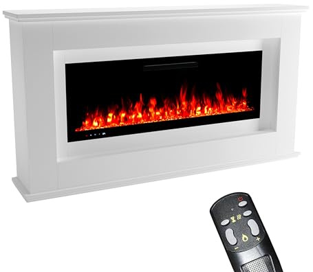 GF Core Elektrokamin mit Heizung und Kaminfeuer (Standkamin Rhea) - elektrischer Kamin mit LED-Feuer in 5 Farben, Heizlüfter, Deko & Fernbedienung - 178x97x33 cm, Weiß