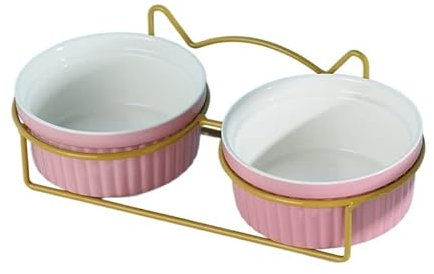 Hund Erhöht Futterschüssel Erhöhter Katzennapf, Doppelnäpfe mit Metallständer, erhöhtes Futter- und Wassernäpfe-Set for Katzen, Kätzchen, Hunde (Color : Gold-Pink-2)