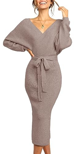Saodimallsu Dam V-ringad tröja fladdermusvingar elegant tröjklänning slits öppen rygg figurnära klänning med bälte, kaffe, M