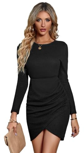 RPAEOY Vestido Mujer Elegante Manga Larga Cuello Redondo Dobladillo Cruzado Plisado Ajustado de Classy Retro Color Sólido Cóctel Vestidos de Noche Fiesta Clubwear Ceremonia Dress Invierno (Nero,S)