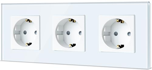 TAWOIA Schuko Steckdose, EU-Standard 3 Fach Glas Unterputz Steckdose 16Amp 250 V, Wandsteckdose mit Kristallglasplatte Weiß 86×228mm