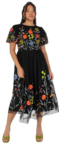 Maya Deluxe Women's Ladies Midi Dress Black Short Puff Sleeves Round Neck Floral Embroidered Open Back Tie A-Line Occasion Evening, Vestito Donna, Black,
