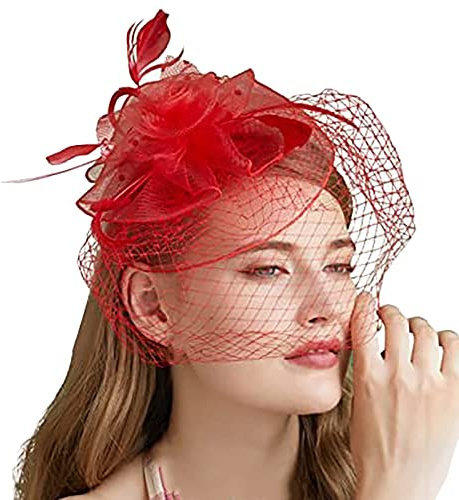 Damen Fascinator Hut, Fascinator Hut Damen Feder Mesh Kopfbedeckungs Hut Schwarze Vintage Teeparty Haarschmuck für Damen Mädchen Abend Partys, Ladies Hut Kopfbedeckung Eleganter Kopfschmuck (Rot 1)