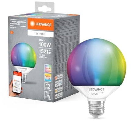 LEDVANCE SMART+ MATTER LED-Lampe, kompatibel mit Google, Alexa, Apple, weiße Frost-Optik, 14W, 1521lm, E27, Farblicht & Weißlicht, App- oder Sprachsteuerung, bis zu 20.000 Std. Lebensdauer,single pack