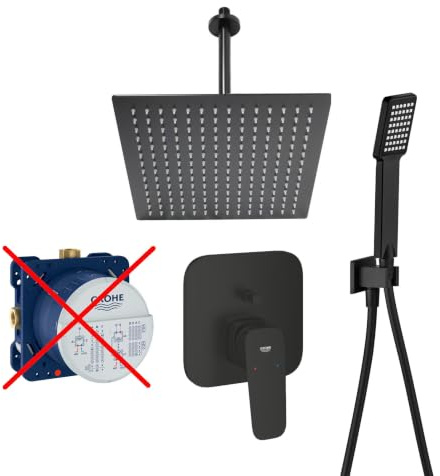 vanvilla Duschsystem Unterputz mit Duscharmatur Grohe schwarz GS02-XL-ob | Duscharmatur von Grohe Cubeo Einhebelmischer und vanvilla Regendusche Duschkopf eckig, Dusch-SET schwarz matt