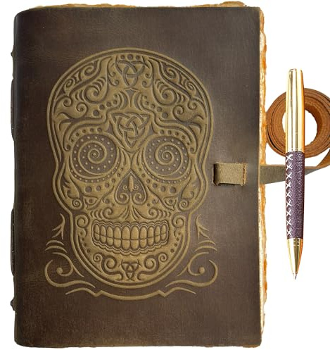 Sovereign-Gear Handgefertigtes Zuckerschädel Leder Notizbuch Journal mit Büttenpapier, A5 Tagebuch Reisetagebuch perfekt zum Schreiben, Skizzenbuch für Männer Frauen Antiken Echtes Leder 21x15cm