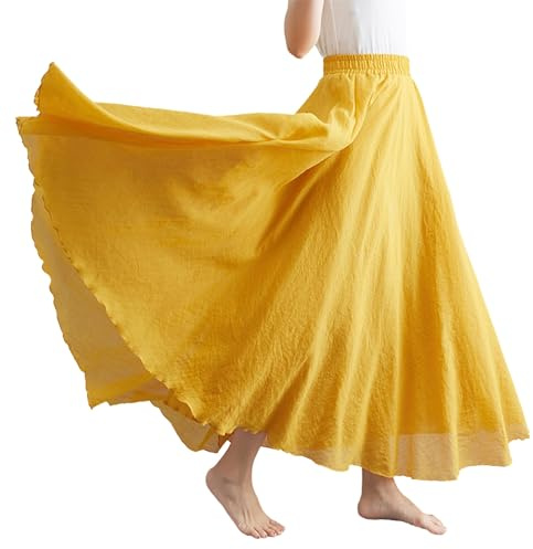BEAUTYLAST Jupe bohème en coton et lin pour femme, taille élastique, longue, fluide et décontractée, pour l'été, la plage, les vacances, Jaune gingembre, 95CM-Length