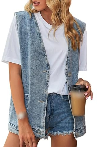 OutFyt Gilet Di Jeans Da Donna Giacca Da Donna In Denim Effetto Effetto Jeans Senza Maniche con Bottoni, Gilet con Scollo A V, Giacca Leggera, Blu Estate 3Xl
