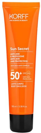 Korff Sun Secret Latte Solare Corpo Protettivo, Texture Leggera, Setosa ed Anti-Age, Protezione Molto Alta, Resistente all’Acqua, SPF50, 100ml