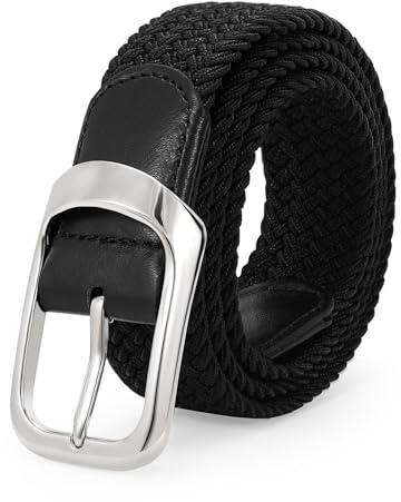 LEACOOLKEY stretchbälte för män, elastiskt flätat bälte för män, avslappnat bälte, golfbälte för jeans, E-svart silverspänne, (130cm)Passform Taille 103cm-112cm