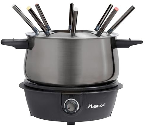 Bestron Fondue, Fondue electrica para hasta 8 personas, con 8 tenedores de fondue y termostato continuo, incl. protector contra salpicaduras, color: Gris