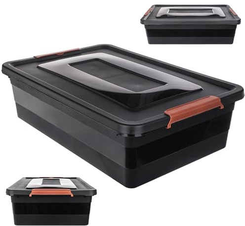 KADAX - Scatola portaoggetti con coperchio, scatola per giocattoli, contenitore in plastica resistente, scatola portaoggetti con chiusura a scatto, contenitore portaoggetti (Nero, 28 L)