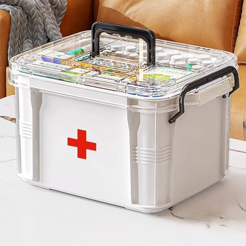 Medikamenten Aufbewahrung,Medizinbox Hausapotheke box mit Griff und herausnehmbarem Fach,Doppellagig Multifunción Aufbewahrungsbehälter Große Kapazität für Medikamente,Gadgets,Kosmetische(Weiß-L)
