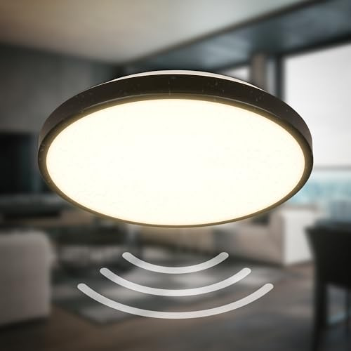 B.K.Licht - LED Deckenlampe mit Bewegungsmelder 3m Reichweite IP54, warmweißes Licht, 95 Grad Erfassung, LED Deckenleuchte, Lampe, Badlampe, Badezimmerlampe, Küchenlampe, 29x7,5cm, Schwarz