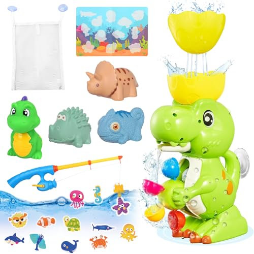 BITOYO Baby Badespielzeug, Dinosaurier Wasserspielzeug Kinder, Spritzen Schwimmendes Spielzeug, No-Mold Magnetisch Angelspiel, Badewannenspielzeug ab 1 2 3 4 Jahr mit Aufbewahrungstasche