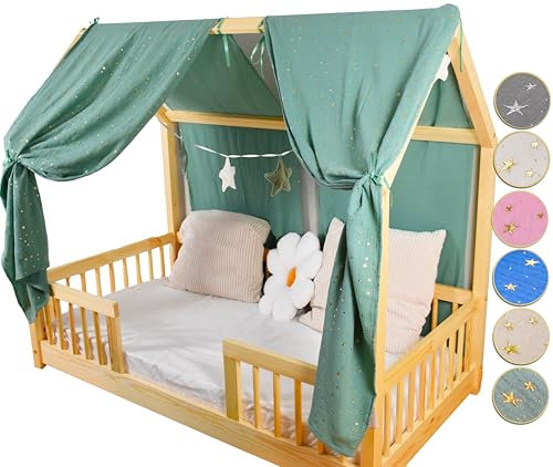 YellowNest Tenda per Letto Montessori (2 Pezzi) - Tenda Letto Bambini per Letto 70x140cm - 100% Mussola di Cotone - Con Ghirlanda (Eucalipto Ghirlanda, 62 x 270 cm (2 Pezzi))