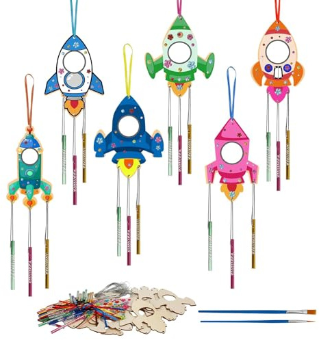 28 Stück Windspiel Bastelset Kinder, DIY Holz Rakete Bastelsets Für Kinder, Rakete Spielzeug, Weltraum Kindergeburtstag, Windspiele Für Draußen, für Mädchen Junge Kindergeburtstag