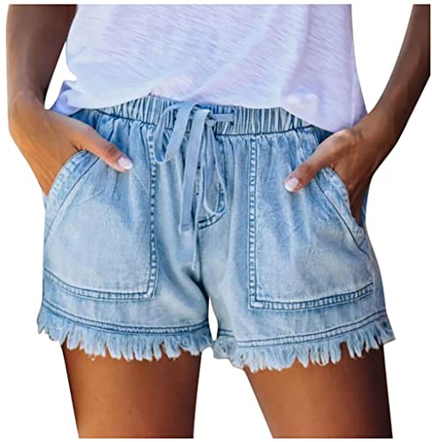 Womens Jean Shorts Casual Drawstring Denim Shorts Elasticated Waist Frayed Hem Summer Jeans with Pockets Comfy Loose Fit Wide Leg Denim Hot Pants