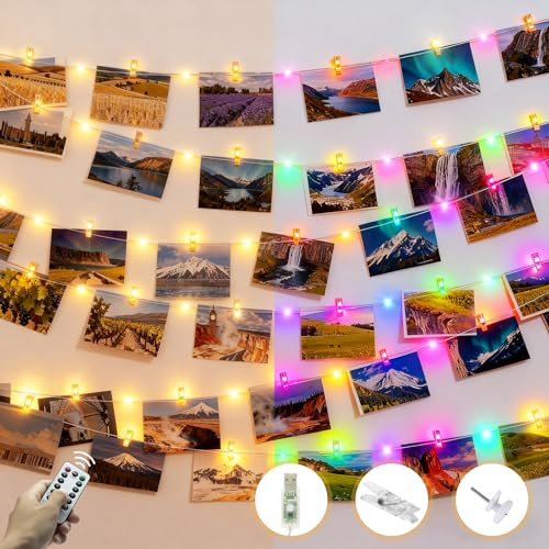 litogo 12M 120LEDs Fotoclips Lichterkette, USB Lichterkette mit Fernbedienungen, Zimmer Deko Fotos Wand mit 60 Klammern Bilder für Wohnzimmer, Weihnachten, Hochzeiten, Party, Warmweiß & Bunt