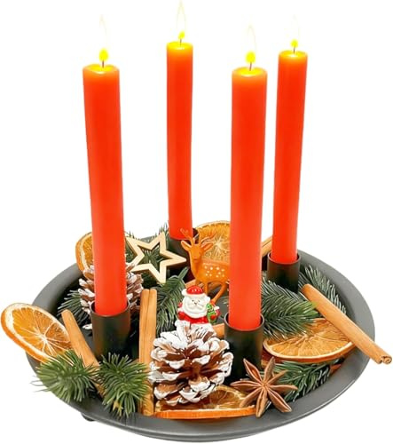 Corona de Adviento con Velas,Corona de Adviento en Metal Negro 23,7x23,7x3.5 cm con 4 Velas,Corona de Navidad con Rodajas de Naranja Seca Canela Aguja de Pino Bayas Artificiales para Navideña Wreath