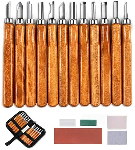 12 Pezzi Kit di Strumenti Per Intaglio Del Legno: Kit di Blocchi da Intaglio con Pietra per Affilare Cera Verde e 3 Fogli di Lame per Intagliare Legno Frutta Verdura Acciaio al cromo vanadio 250g