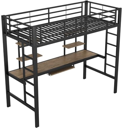 Bettgestell Metallbett 90x200 cm, Eisenbett, Hochbett mit Schreibtisch und Zwei Bücherregalen Jugendliche und Erwachsene, schwarz